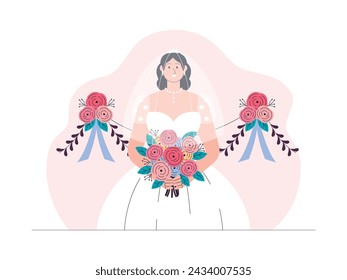 The bride enters the wedding venue elegantly, vector illustration.