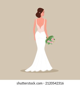 The bride in an evening dress with a bouquet in her hands. Vector illustration in flat cartoon style.