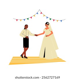 Bride And Female Event Planner Shaking Hands Under Wedding Canopy In Flat Vector Illustration Symbolizing Event Planning, Celebration, And Partnership, Isolated On White Background.