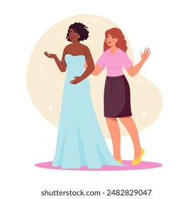 Bride with friend. Woman in wedding dress next to young girl. Wife with bridesmaid at marriage ceremony. Fun, love and leisure. Cartoon vector illustration isolated on white background