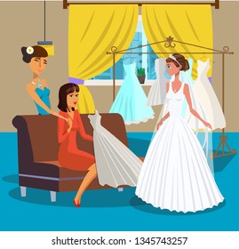 Bride with Friends in Wedding Salon Illustration. Sisters, Mother, Daughter Cartoon Characters. Model in Wedding Gown. Dressing Room Vector Drawing. Showroom, Boutique, Shop Flat Poster