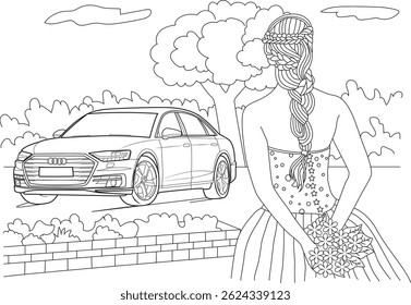 Bride in Garden with Bouquet and Car - Coloring Page Illustration, Line art illustration for coloring page featuring a bride in a wedding dress holding a bouquet, standing in a garden with a luxury