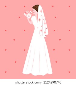 Bride gets flowers from the groom and happily smile, vector image