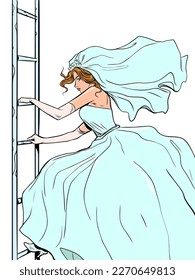 La novia sube o baja por las escaleras. Escapar del prejuicio. El deseo de avanzar en el desarrollo propio. Sobre un fondo blanco. Ilustración de vectores retro de arte pop Estilo kitsch vintage de los años 60