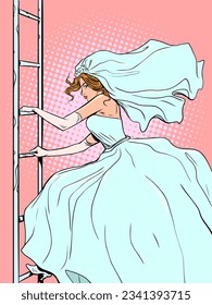 The bride goes up or down the stairs. Escape from prejudice. The desire to move forward in self-development. Pop Art Retro Vector Illustration Kitsch Vintage 50s 60s Style