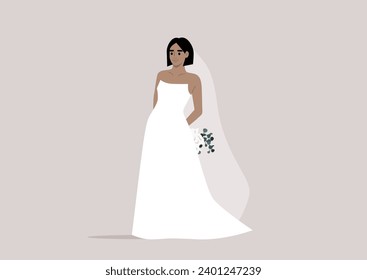 The bride gracefully adorned in a long, timeless gown and a veil, clasping a bouquet of delicate flowers
