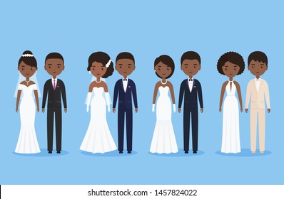 Bride and groom. African newlywed couple. Cartoon wedding characters standing together isolated. Vector illustration. Animated black avatars people. Icons male, female person. Flat design.
