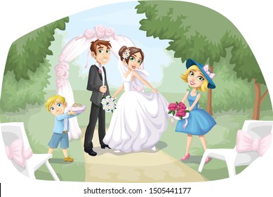 Bride and Groom at the Altar - Romantic Cartoon Illustration