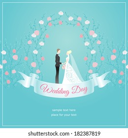 Bride and groom in arch. Elegant wedding card 