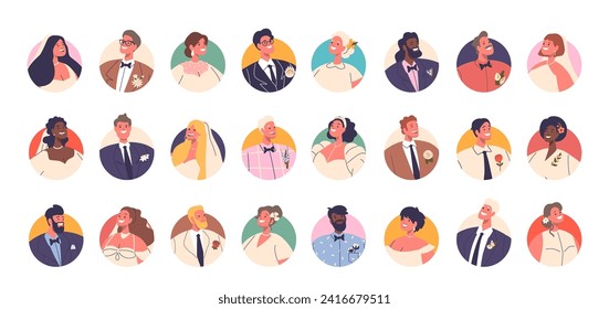 Bride And Groom Avatars Vector Set, Features Charming Digital Representations Of Couple Characters On Their Wedding Day