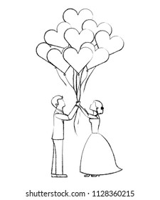 bride and groom with balloons hearts wedding day