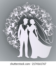 The bride and groom. The black silhouette of bride and groom on a white background. Vector illustration.