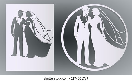 The bride and groom. The black silhouette of bride and groom on a white background. Vector illustration.