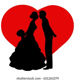 The bride and groom. The black silhouette of bride and groom on background heart. Also suitable for invitation card. Vector illustration.