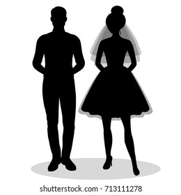 The bride and groom. The black silhouette of bride and groom on a white background. Vector illustration.