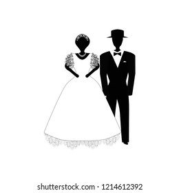 Bride and groom. Black white silhouette. Vector illustration on isolated background