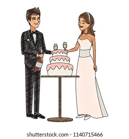 Bride and groom with cake scribble