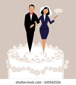 Bride and groom cake topper, bride in a business suit looking at her cellphone, EPS 8 vector illustration