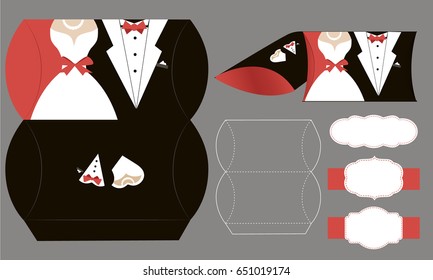 Bride and groom candy die box. Vector diy box template. Tuxedo and bridal dress for wedding. -