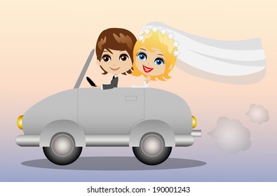 Bride and groom in a car