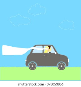 Bride and groom in the car. The couple in the car. Vector illustration.