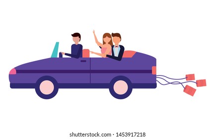bride and groom in the car wedding day vector illustration