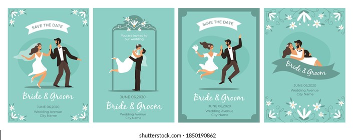 Bride and groom cards. Happy loving couple wedding ceremony man and woman in love, flower framed romantic invitations and greetings collection marriage celebration party poster vector flat cartoon set