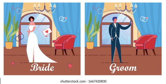 Bride and Groom Cartoon Characters in Wedding Party Festive Dress and Suit. Two Lovers Couple before Wedding Ceremony. People Love Relationships and Family Creating. Flat Vector Illustration.