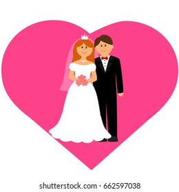 Bride and groom, Cartoon. Couple. Wedding card with the newlyweds. Vector illustration.