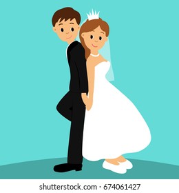 Bride and groom, Cartoon. Couple. Wedding card with the newlyweds. Vector illustration.