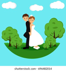 Bride and groom, Cartoon. Couple. Wedding card with the newlyweds. Vector illustration