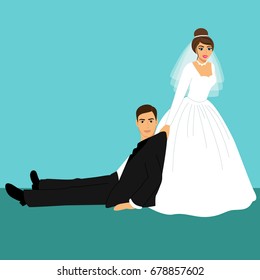 Bride and groom, Cartoon. Funny. Couple. Wedding card with the newlyweds. Vector illustration.