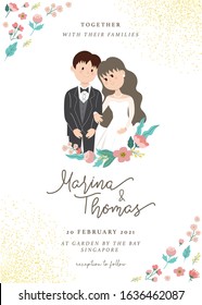 bride and groom cartoon minimal wedding invitation template cute florals on white background 