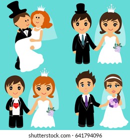 Bride and groom, Cartoon. Set. Collection. Couple. Vector illustration.