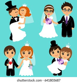 Bride and groom, Cartoon Set Collection. Couple Vector illustration.