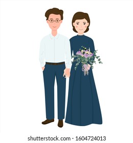 the bride and groom in cartoon style. cute couples hold a flower bouquet