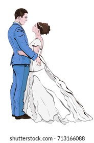 Bride and groom cartoon vector, hand drawing. Couple in love hugging looking at each other, dressed in a wedding dress and a suit, isolated on white background