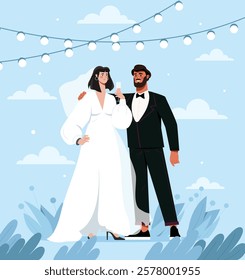 Bride and groom celebrating outdoors with string lights and a blue sky background. Elegant wedding concept in a modern vector illustration style