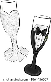 Bride and Groom Champagne Glasses. Vector illustration  isolated on a white background.