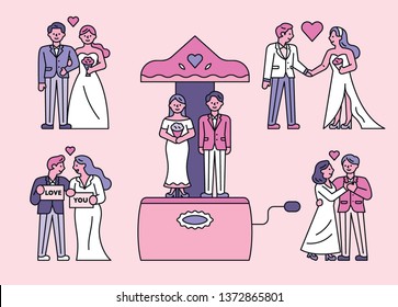 Bride and groom character set. flat design style minimal vector illustration