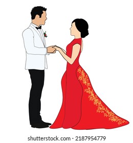 Novia y novio matrimonio chino esposo y esposa portador de dibujos animados simple cara sujetando la mano vestido de novia rojo en la ceremonia celebración de la ceremonia tradicional luna de miel pareja joven romántica digital de arte plano