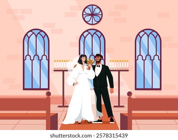 Bride and groom in a church interior, standing near candles and stained glass windows, celebrating their wedding day. Romantic and elegant concept. Vector illustration