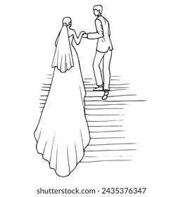 bride and groom climb the stairs, the man helps her by holding her hand. hand drawn illustration of a man in a gallant suit helping a woman in a dress with a long hem to plump up the steps of a steep 