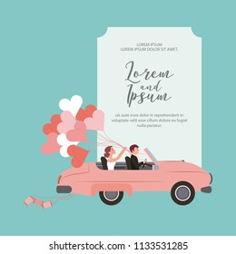 bride and groom in convertible car with balloons wedding card