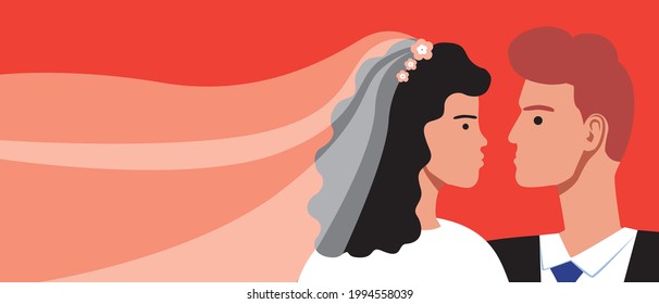 Bride and groom, copy space template. Flat vector stock illustration. Wedding of a man and a woman. Newlyweds at the ceremony. Wedding people as bride, groom. Illustration for design