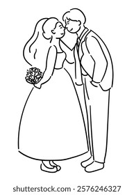 Bride and groom, couple is gazing at each other deeply in love vector illustration