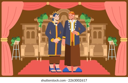 Bride and groom couple getting married, wearing traditional javanese indonesian wedding dress on stage flat vector character 