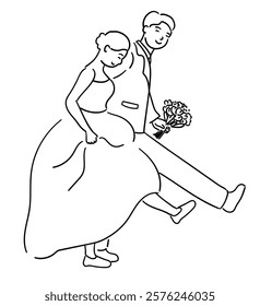 Bride and groom, couple is happily walking together, holding hands illustration