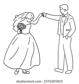 Bride and groom, couple is joyfully dancing at their wedding vector illustration