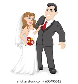 Bride and groom couple in love, with the bride holding the bridegroom by the jacket. Ideal for catalogs, information and institutional material